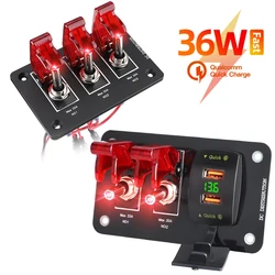 Panel de interruptor de palanca basculante de alta resistencia, cubierta roja de encendido/apagado, 2 pines, automotriz, coche, barco, autocaravana, autocaravana, precableado, 36W, QC 3 Gang, 12V, 20a