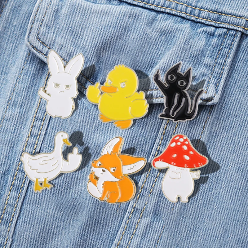 Lapel Badges Cartoon Fox Rabbit Duck Cat Jewelry Gift for Kids Friends Sarcastic Enamel Brooch Custom Animal Rude Finger Pines