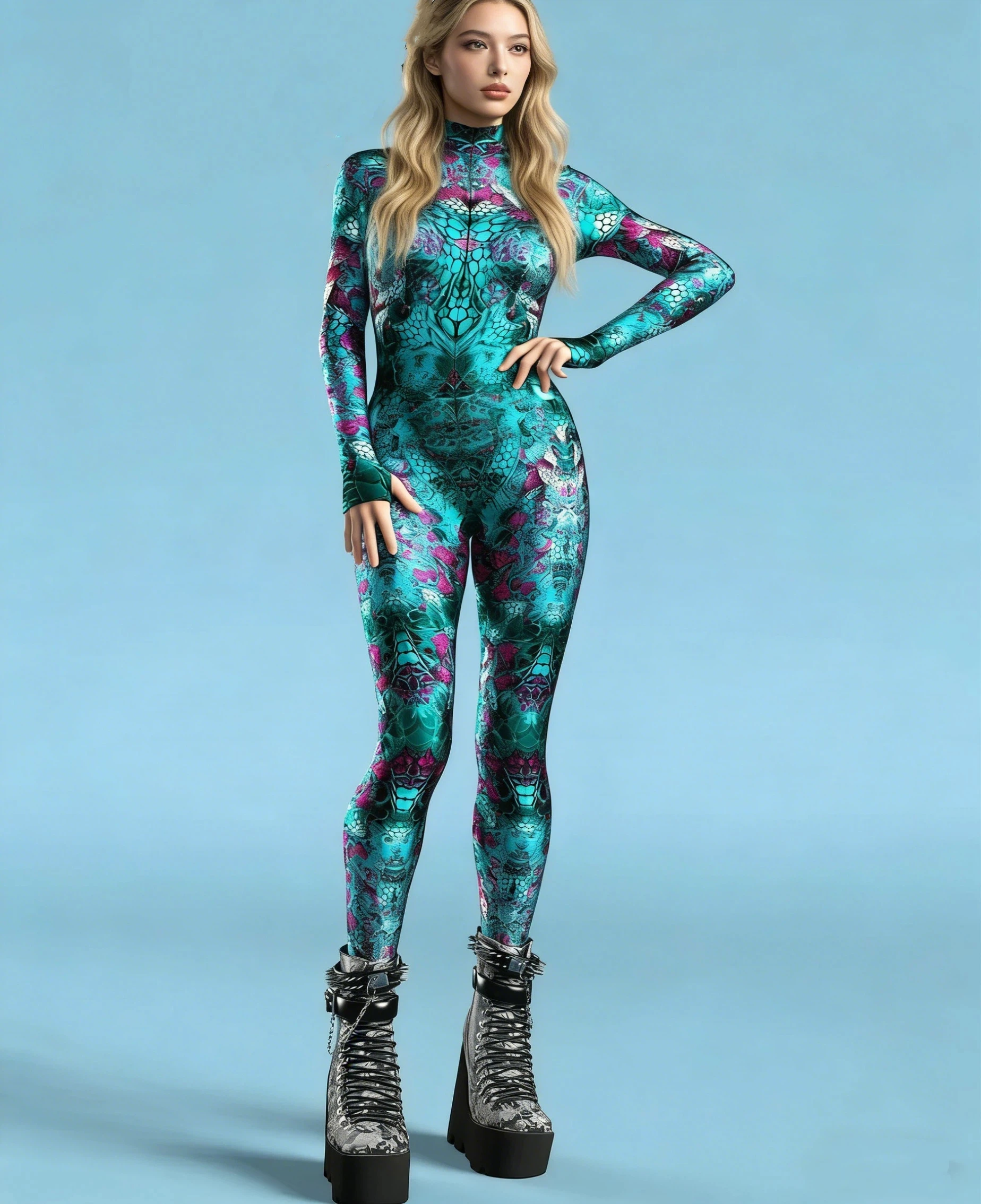 

Women Tight Punk Jumpsuit Clothing Colorful Print Armor Zentai Bodysuit Thumb Sleeves Front Zipper Cosplay Costume Party Outfit