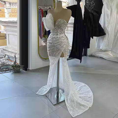 Exquisite V Neck Mermaid Wedding Dress with Side Slit Lace Sleeveless Engagement Party Dress Pearl Evening Dress Customized