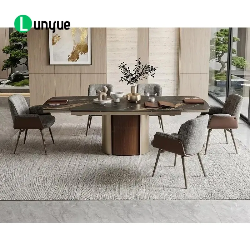 Extendable Sintered Stone Dining Table Set for 8 Chairs with Carbon Steel Base Modern Furniture for Home Kitchen