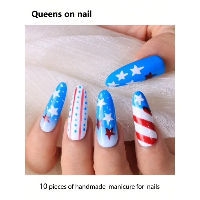 

10 Pieces Handmade press on Nails Ballet Style Fake Nails/Smudge/Hand-Painted Stars/Stripes/Spots/European