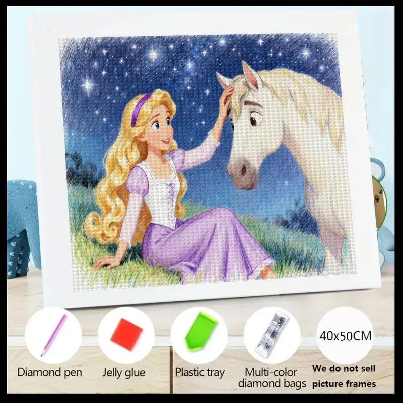 

1 шт. 5D DIY полный дрель набор для алмазной живописи, фантазийная принцесса и белая лошадь под звездным ночным небом, мультяшный сказочный кристалл Rhi