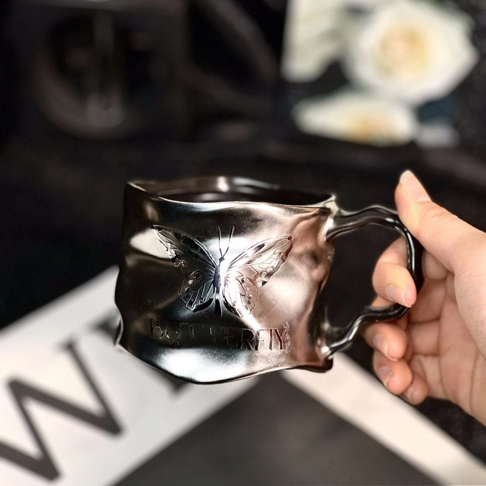 Ceramic Butterfly Relief Mug Titanium-plated Coffee Milk Mugs with Handle High Quality Household Drinking Water Cup