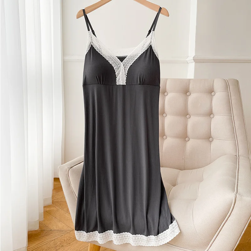 Modal Female Nightgown Sleepwear Spring Summer Suspender Nightdress Intimate Lingerie Sexy Lace Nightwear Loose Home Dress