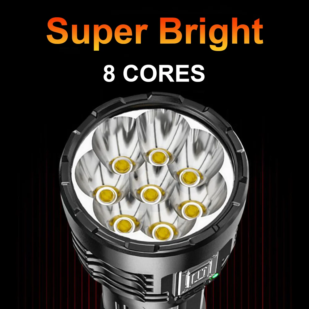 Super Bright  8-cores Rechargeable Led Flashligth High Power Strong Light Type-c Charging Lantern 5 Modes Built-in Battery