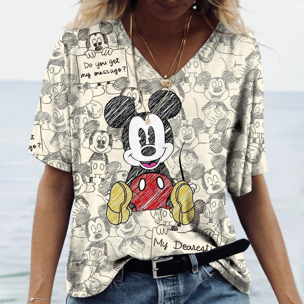 Retro 3d Mickey Mouse Printed Women's T-shirt Harajuku Fashion V-neck Short sleeved Extra Large Top Women's Fashion Street