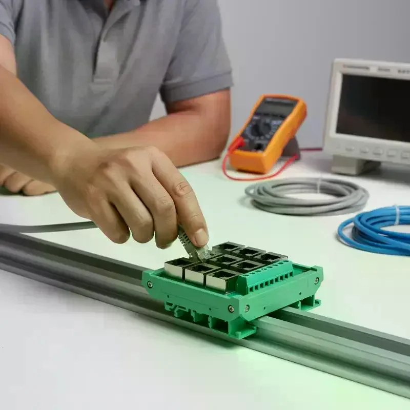 RJ45 8p8c Ethernet Port Terminal Block Adapter, DIN Rail Mount Design with 9 Screw Terminals for Network Connections