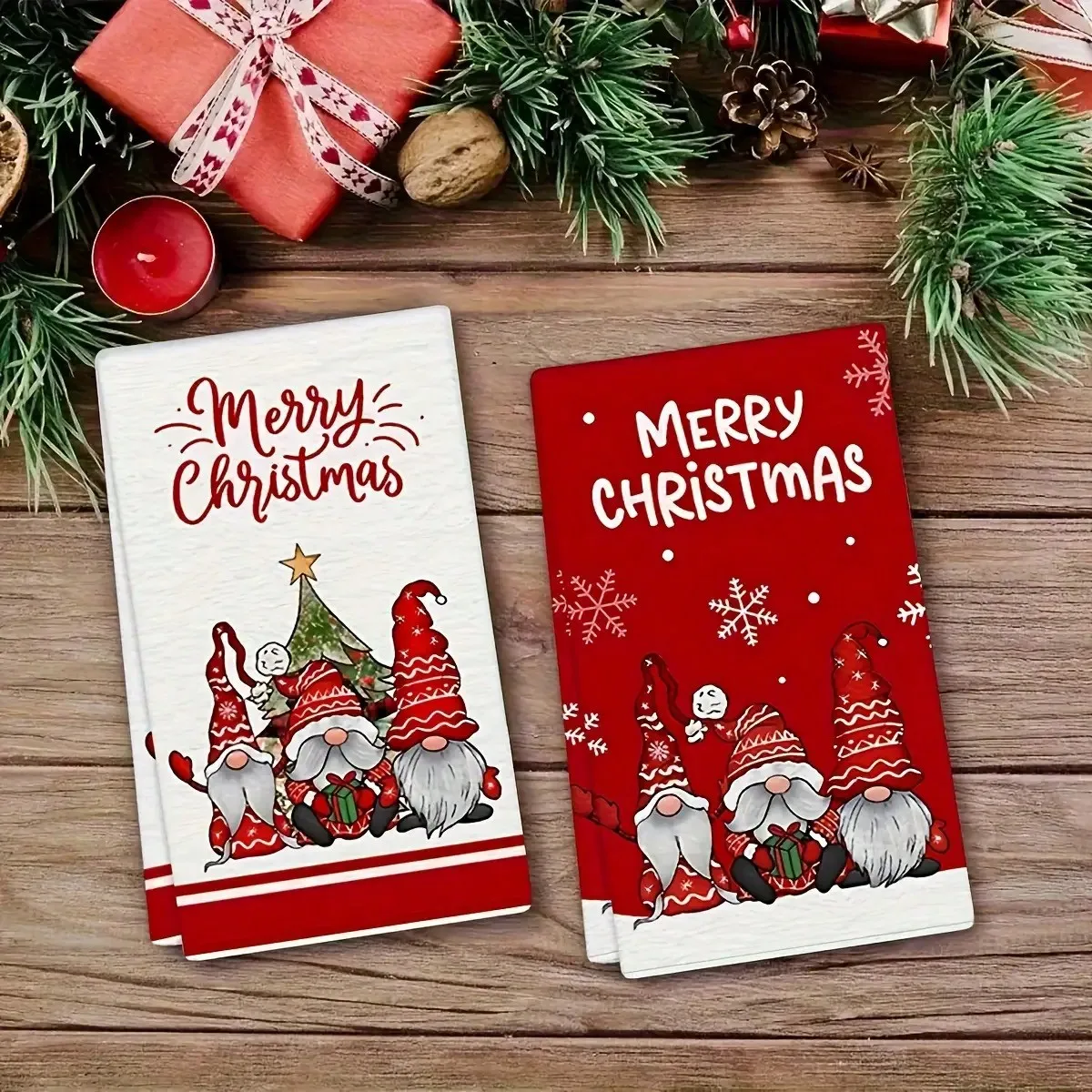 2pcs Red & White Christmas Hand Towels With Cute Gnome & Snowflake Patterns, 