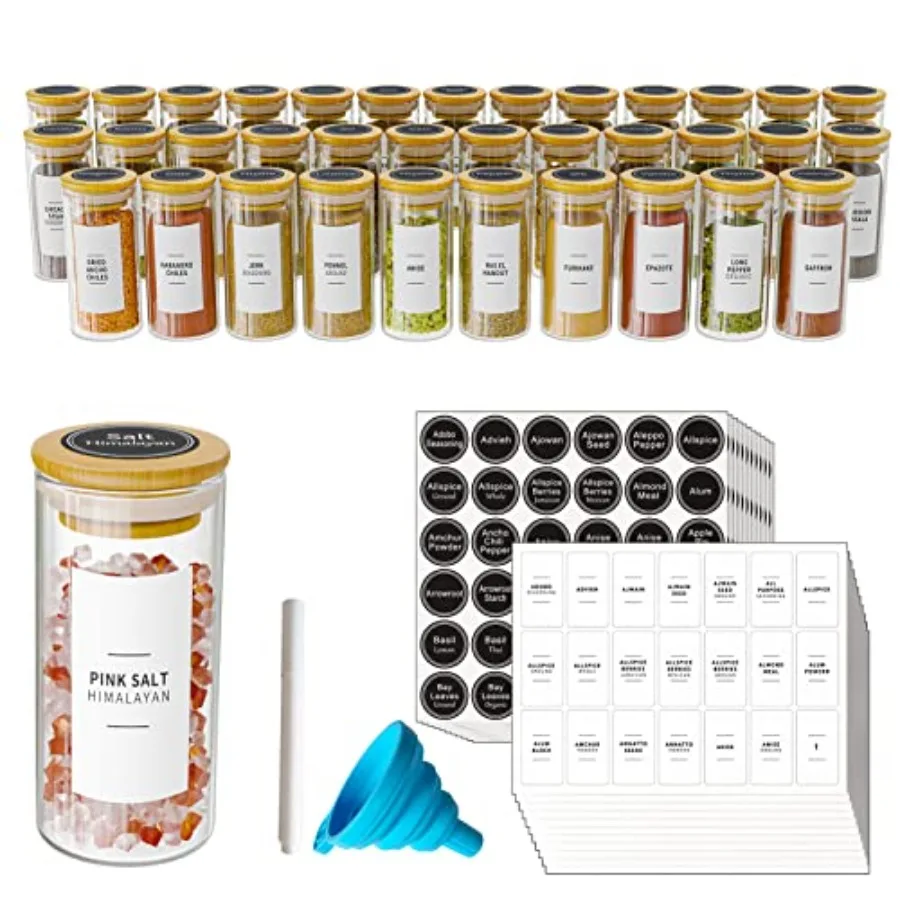

Pcs Spice Jars with Bamboo Lids and Labels, Empty 4oz Glass Spice Bottles, Minimalist Farmhouse Spice Labels Stickers with Funn