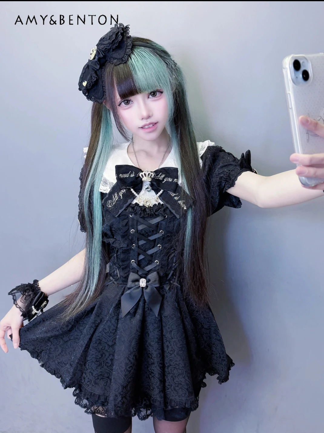 

Japanese Liz New Style Mine Series Mass-Produced Sweet Cute Lolita Jacquard Lace Short Sleeve Mini Dress Shorts Two-Piece Set