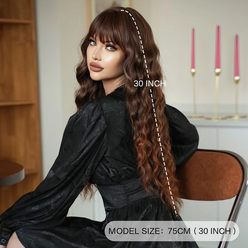 Brownish golden water ripple hair long hair waves full head cover silk synthetic