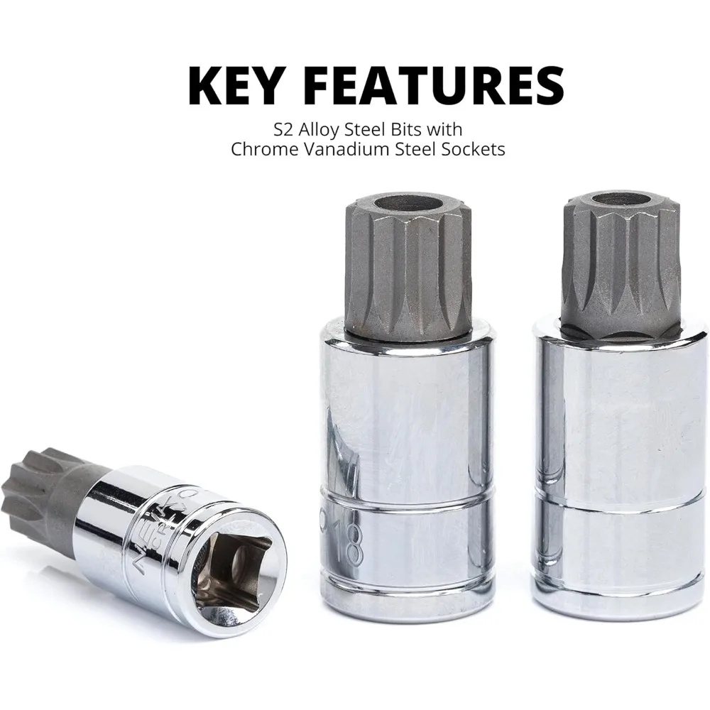 Juego de 20 piezas de casquillos extra largos de 4 estriados, 4 mm a 18 mm, puntas de accionamiento cuadradas a prueba de manipulaciones de 12 puntos