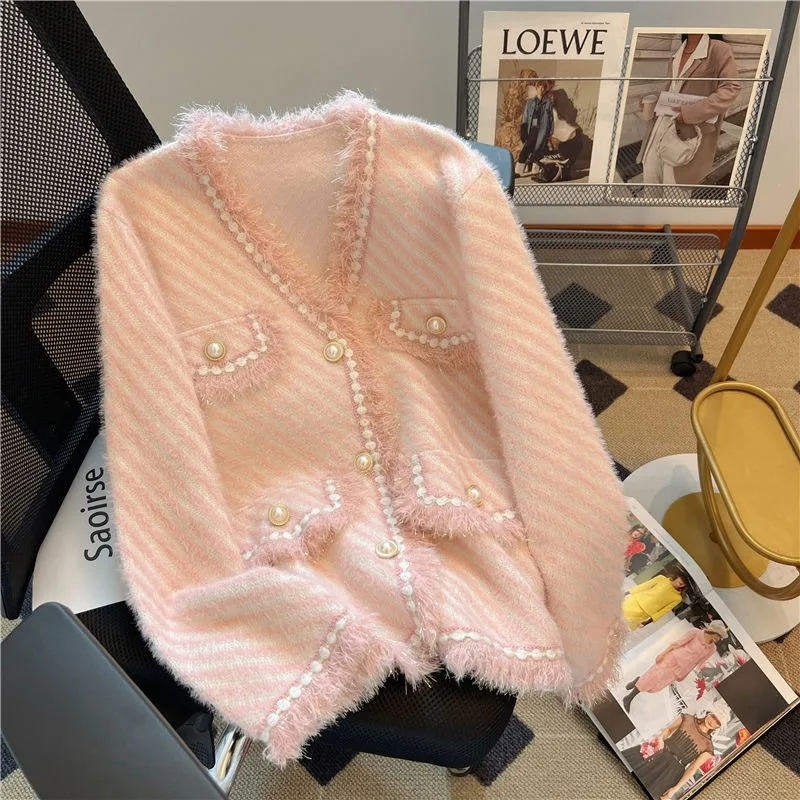 Imitazione visone maglieria 2024 nuove donne dolce manica lunga piccolo vento profumato cappotto corto allentato scollo a v Casual Versatile