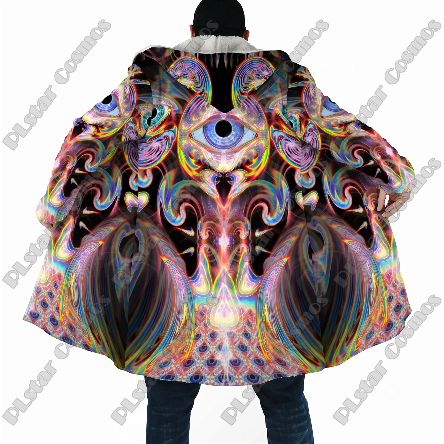 Men's Winter Fashion Hooded Cloak Psychedelic Abstract Art Pattern 3D Printed Unisex Plush Thick Long-sleeved Fleece Jacket Coat