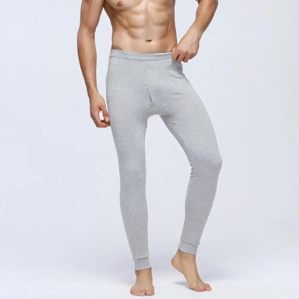 Men Pants Elastic Waist Thermal Insulation Long Johns Solid Color Travel Work School Bottoming Trousers Pajamas Trousers