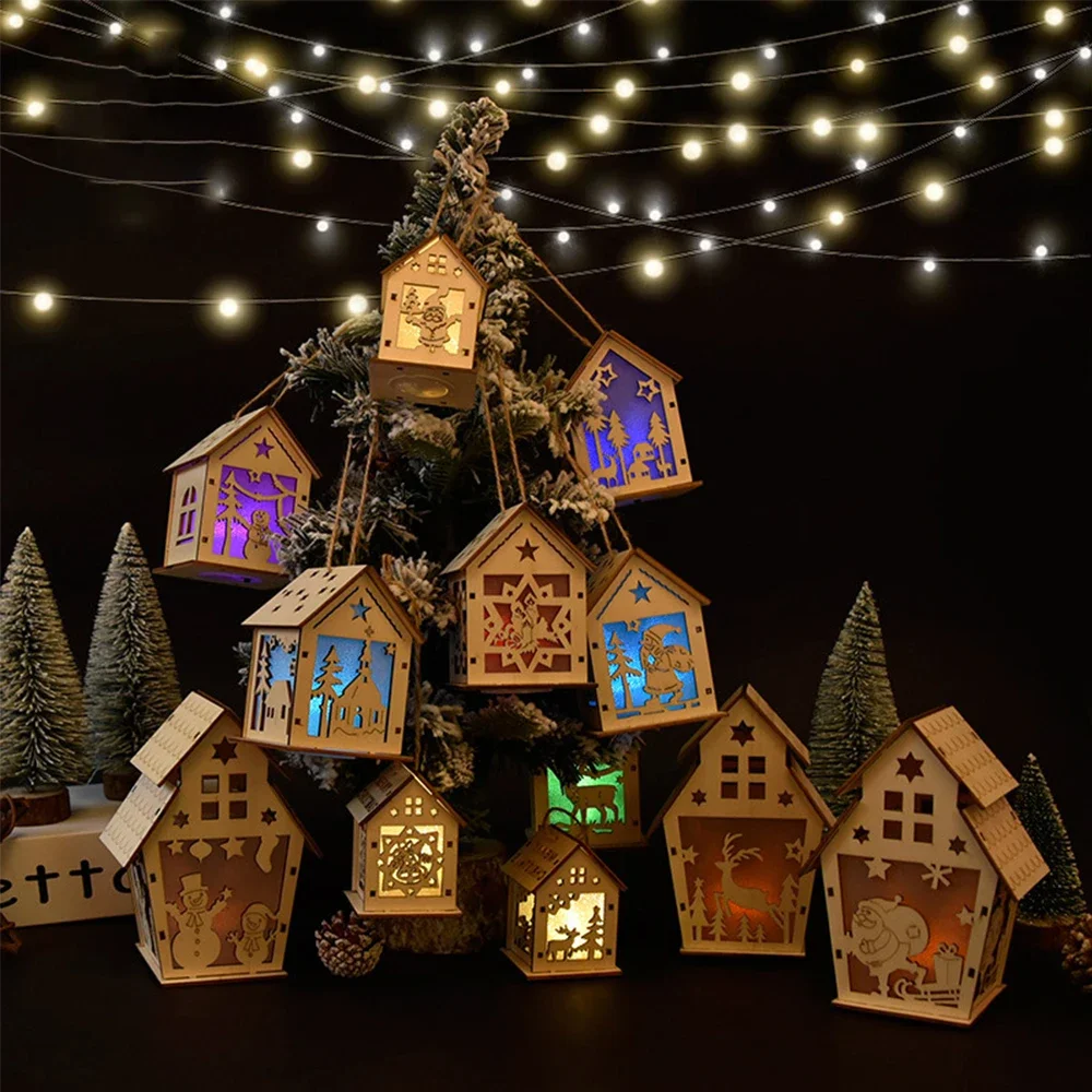 

Christmas Ornaments Wood Cabin DIY Luminous Santa/Elk/Snowman Pattern Wooden House for Christmas Tree Hanging Decoration Gift