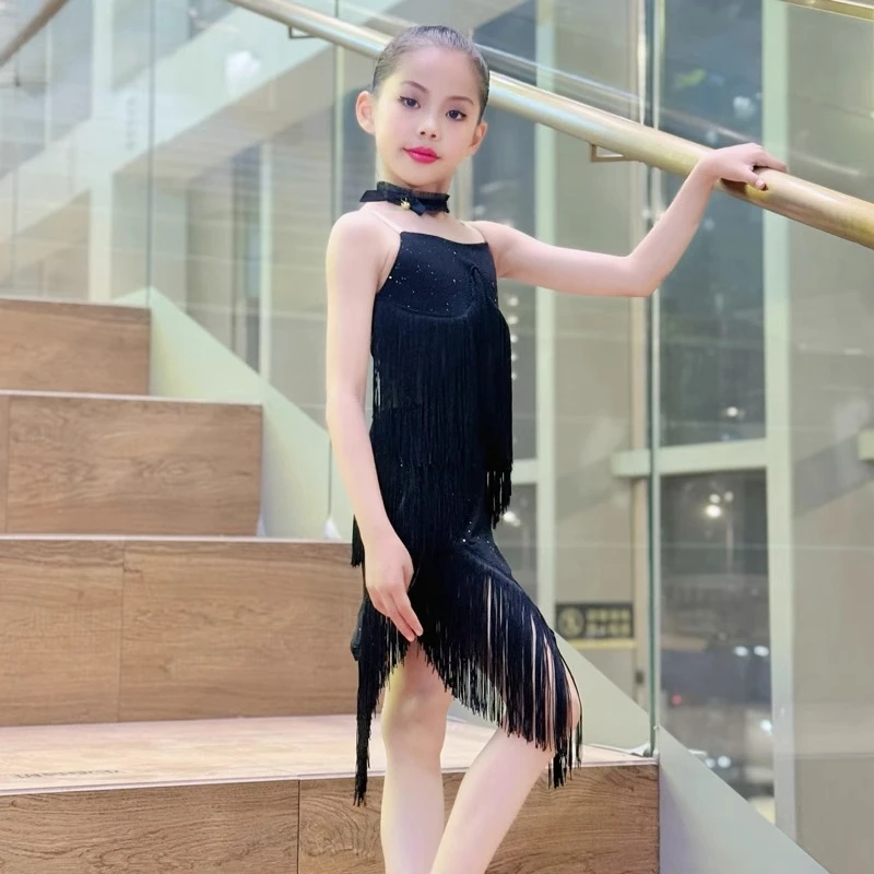 

1pcs/lot Child Girls Latin Dance Dress Fringe Latin Dance Clothes Salsa Costume Black Red Ballroom Tango Dresses