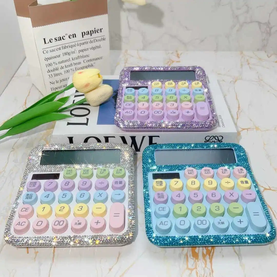Sparkling Rhinestone Voice Calculator 12-Digit Lcd Calculators Office Tool Students Stationery Candy Colored Body Gift