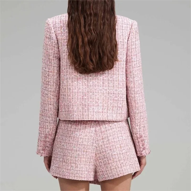 2024 Early Spring Pink Tweed Short Crew Neck Diamonds Jacket Shorts Woman Set