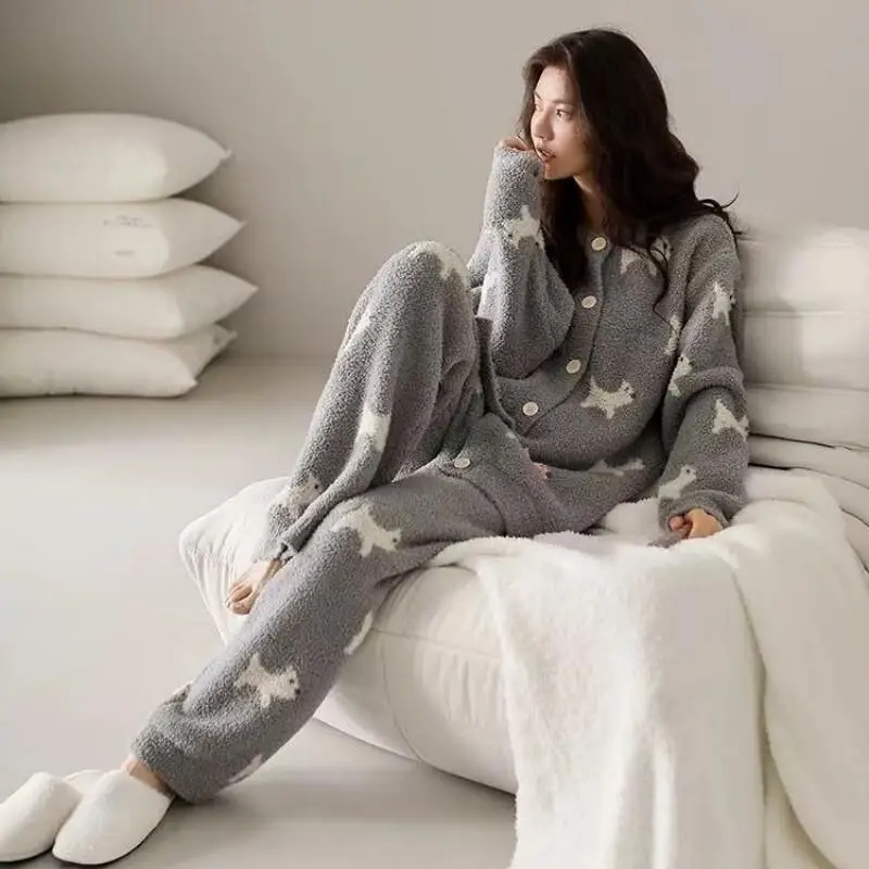 

Кардиган с круглым вырезом, модная домашняя одежда, сексуальный пижамный комплект, плотный бархатный домашний осенне-зимний стиль, полуфланелевая одежда для сна, женская одежда