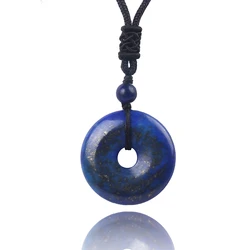 Lapis Lazuli Gemstone Donut Necklace Healing Chakra Crystal Amulet Lucky Pingan Coin Protection Pendant Jewelry Women 25/30/40MM
