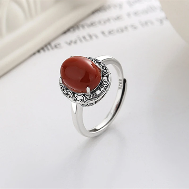 VOJEFEN 925 Silver Original Women\'s Engagement Rings Men Ruby Stone Love Retro Ring With Large Red Agate Luxury Quality Jewelry