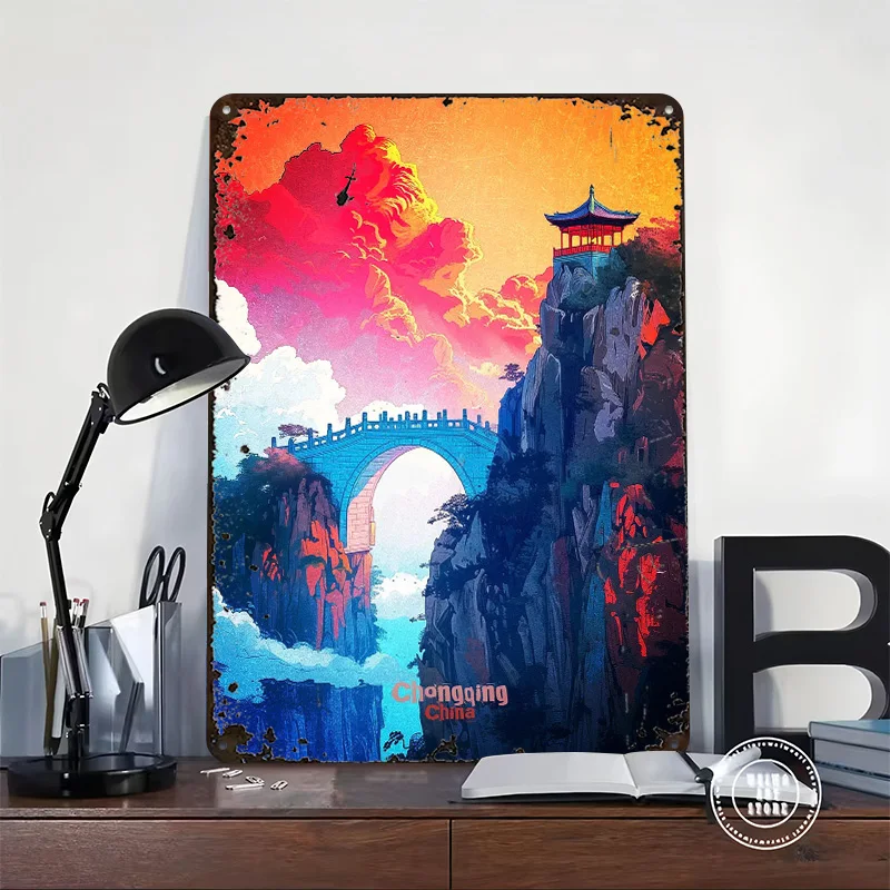 Chongqing China Mountain Landscape Printed Poster Customized Retro Wall Art Vintage Metal Tin Signs for Bedroom Decoration Room