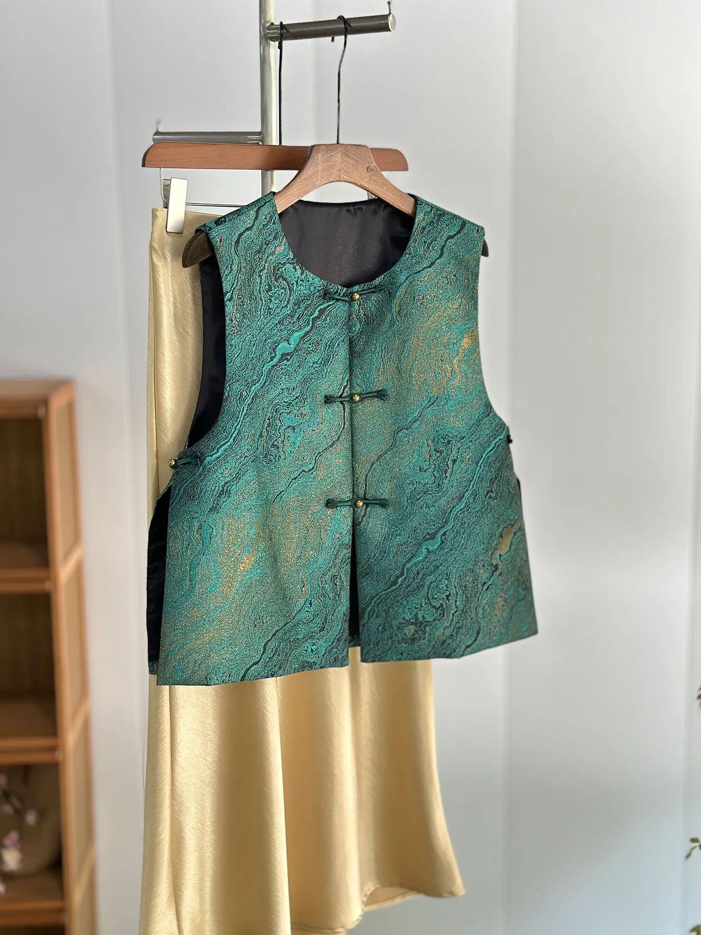 

een Young Sle Woven Gold Floral Vest Thin Autumn Outerwear Silk Material round Ne Single Button Closure Commute Sle