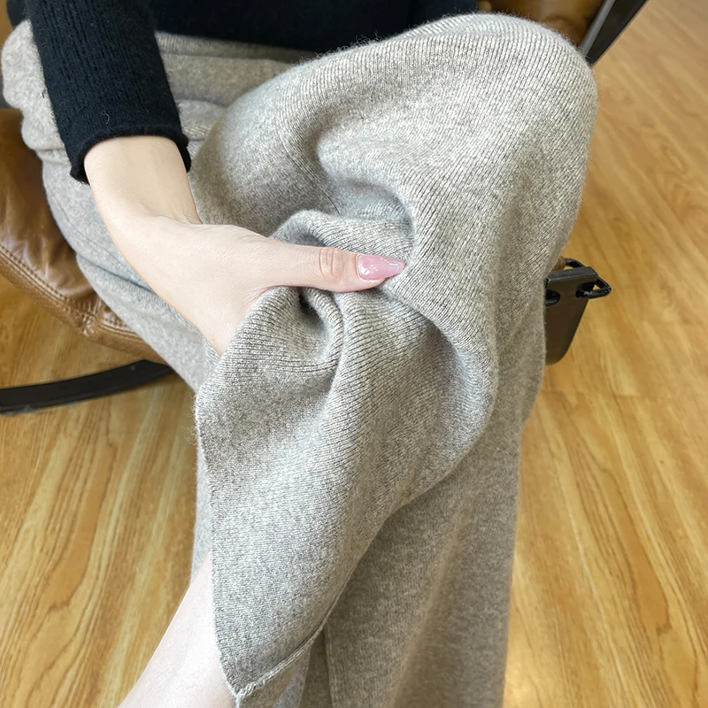 

100%Merino Pure Wool Pants for Women's AutumnWinter Elastic Waist Side Split Solid Color Loose and Warm Knit Straight Leg Pants