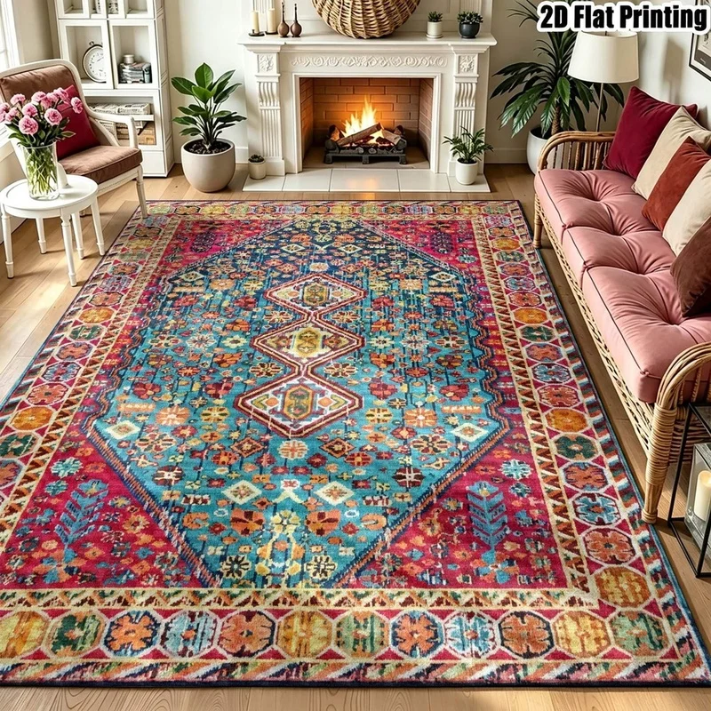 1Pc Bohemian Retro Geometric Pattern Carpet, Persian Style Home Essential, Suitable for Living Room, Bedroom, Entryway, Office, Corridor and Other Areas, Home Decoration Accessories