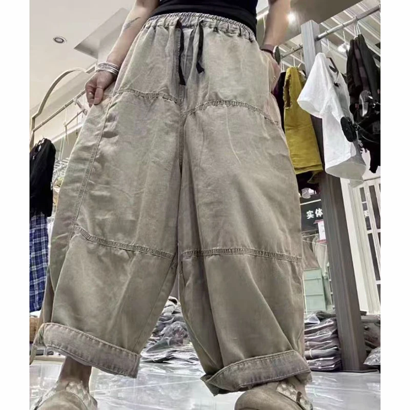 

Summer Style Women Drawstring Elastic Waist Loose Cotton Denim Ankle-length Pants Spliced Design Thin Harem Jeans High Quality
