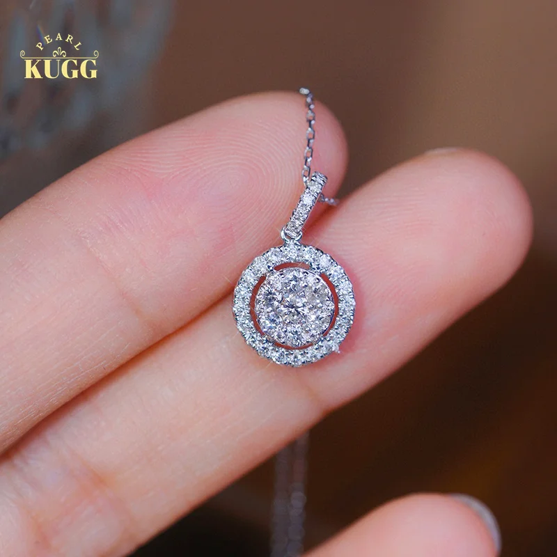 KUGG 18K White Gold Necklace Shiny Round Design 0.40carat Real Natural Diamond Pendant Necklace for Women High Wedding Jewelry