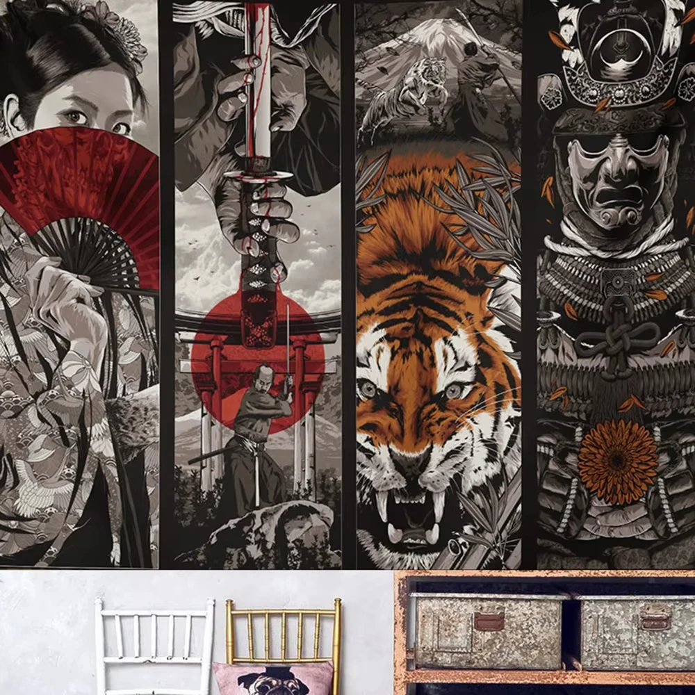 Japanischer Samurai & Geisha Mehrteiliger Wandteppich Tiger Katana Wandbehang für Wohnzimmer Schlafzimmer Asiatische Kultur Dekoration