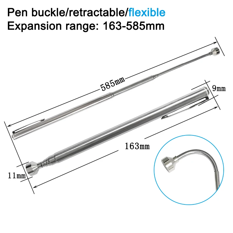 Portable magnetic telescopic silver universal pickup with pen clip magnetic suction rod auto repair manual tool accessory