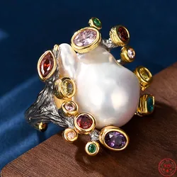 S925 Sterling Silver Rings for Women New Fashion Baroque Freshwater Pearl Micro Inlay Colors Zircon Jewelry Adjustable Size