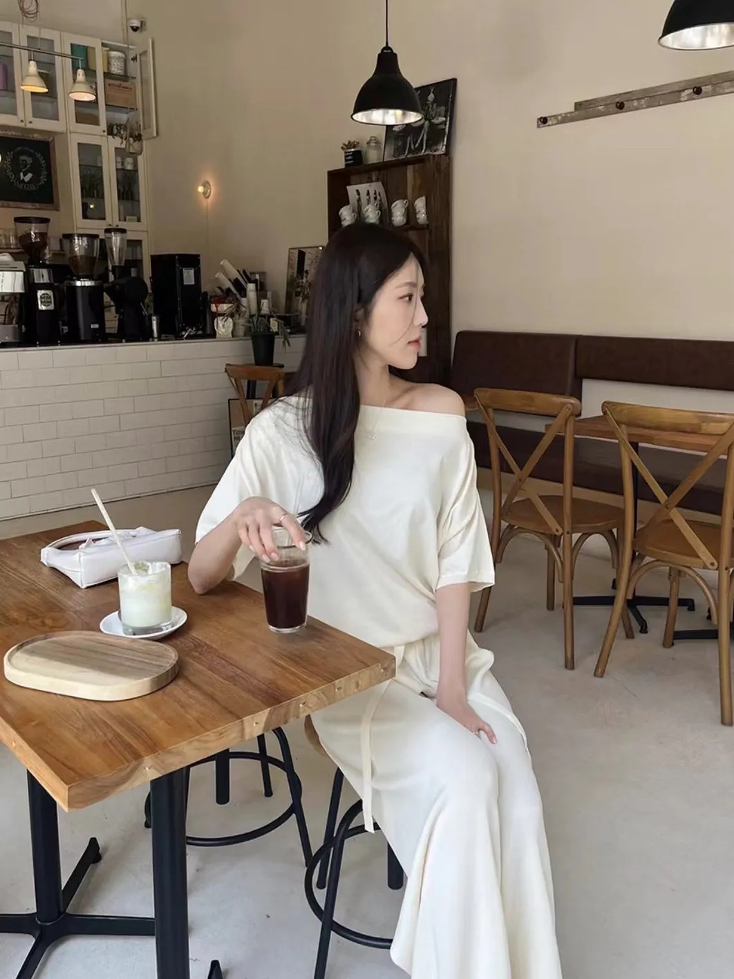 

oulder Bared T irt Women's Loose Lazy Sle Slimming Dstring Waist Wide Leg Pants Set Cotton Material Summer Faion