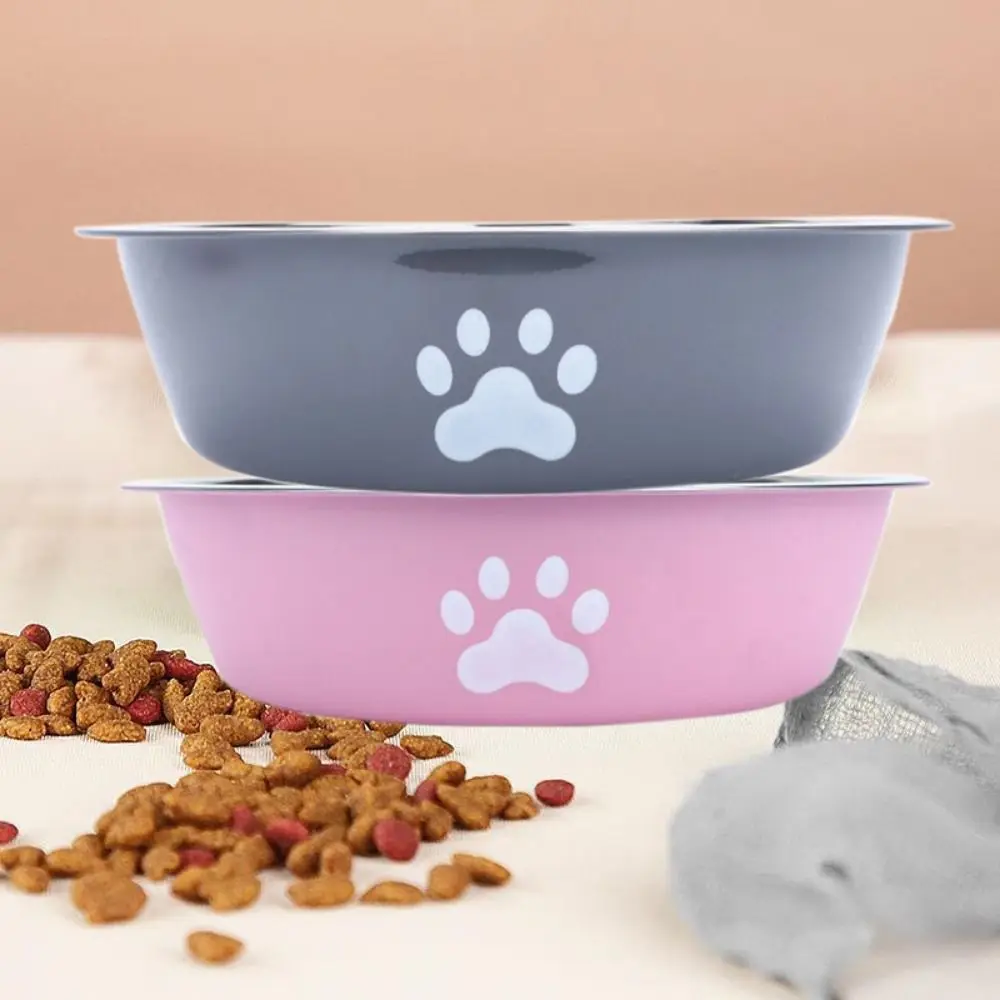 Large Capacity Stainless Steel Dog Bowl Non-rust Non-slip Dog Food Bowls Drinkers Cat Paw Pattern Bilayer Dog Water Bowl