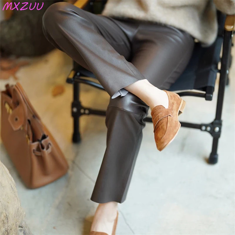 Spodnie skórzane damskie nowe proste dorywczo w pasie szczupłe proste spodnie Pantalon Femme Korean Fashion elastyczne spodnie z owczej skóry