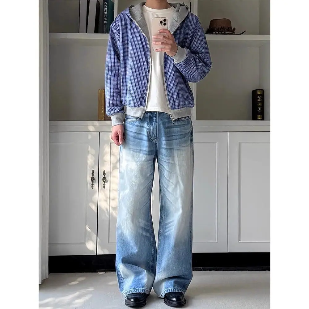 Ay – Cardigan ouvert à capuche pour hommes, vêtements Double face, à carreaux, coupe ample, pour jeunes, Long, fermeture à glissière, automne