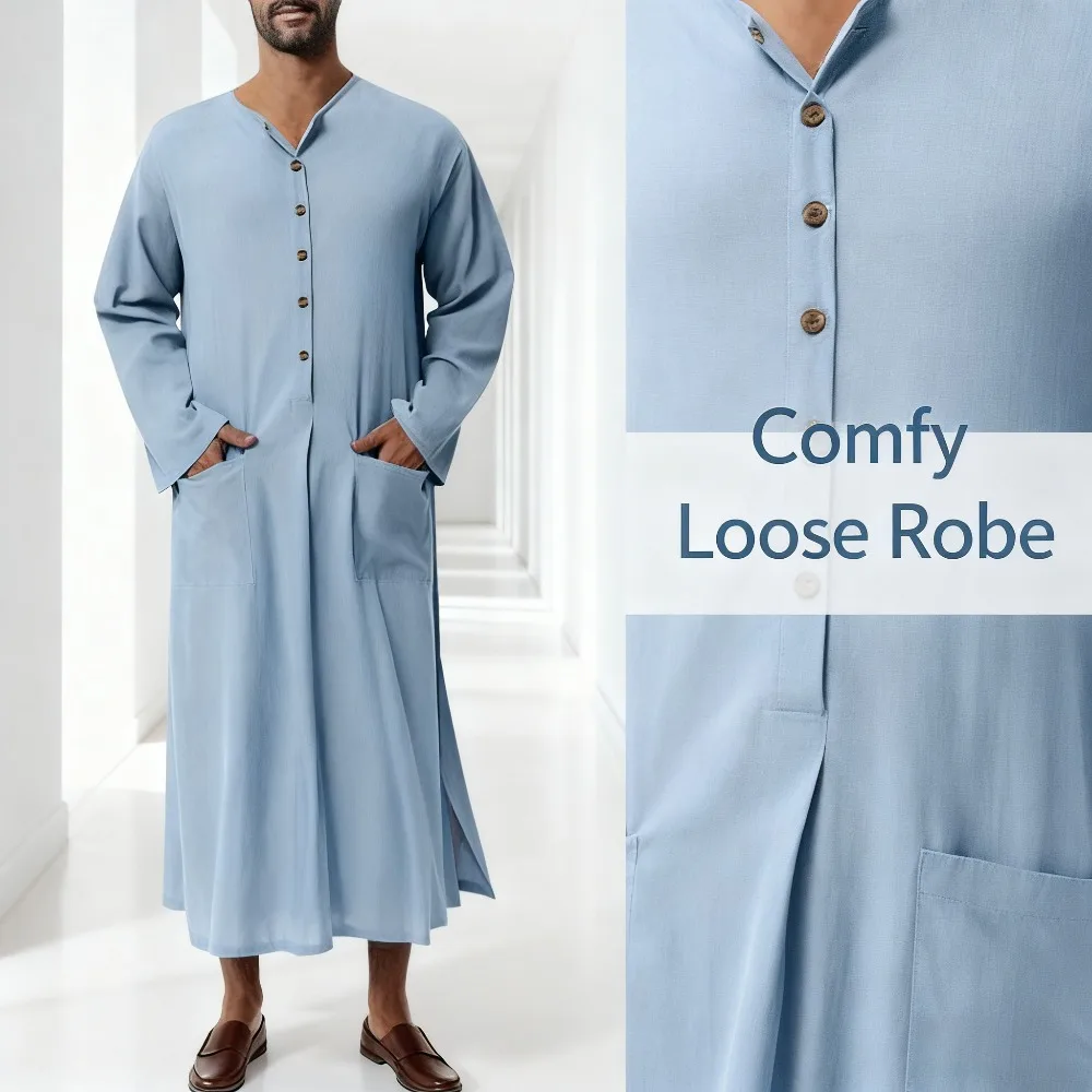 

Middle Eastern Ethnic Men's Robe: Dubai Style Loose Stand Collar Long Sleeve Thobe - Traditional Islamic Casual Wear for Daily