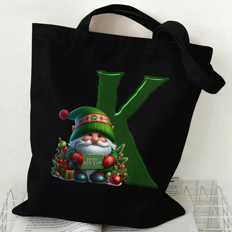 الأخضر سانتا كلوز المرأة قماش حمل الحقائب مضحك عيد ميلاد سعيد حزب A-Z 26 رسالة سعة كبيرة التسوق حقيبة كتف عادية
