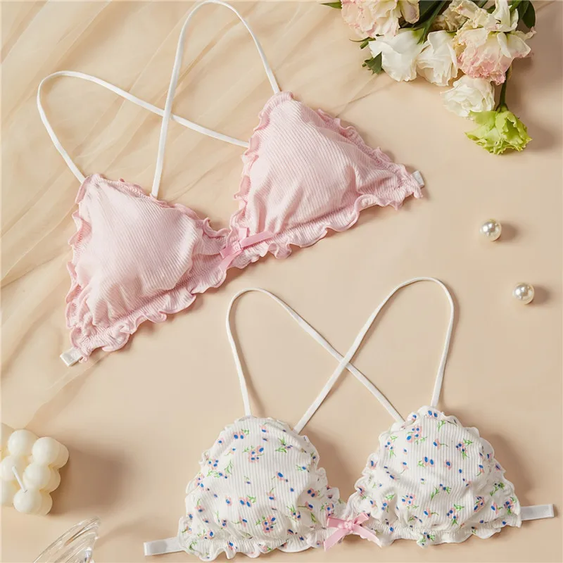 Women Cute Bra Solid Color/Floral Print Mini Bow Breathable Bras Wireless Underwear