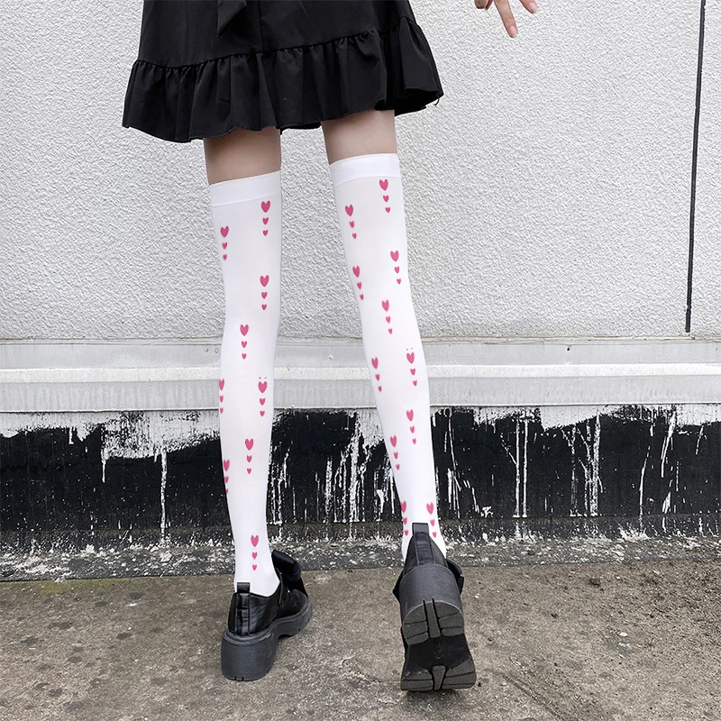 Moda damska długie pończochy zabawa truskawki drukowane różowe białe podkolanówki słodkie słodkie dziewczyny Lolita Harajuku pończochy — zdjęcie 6