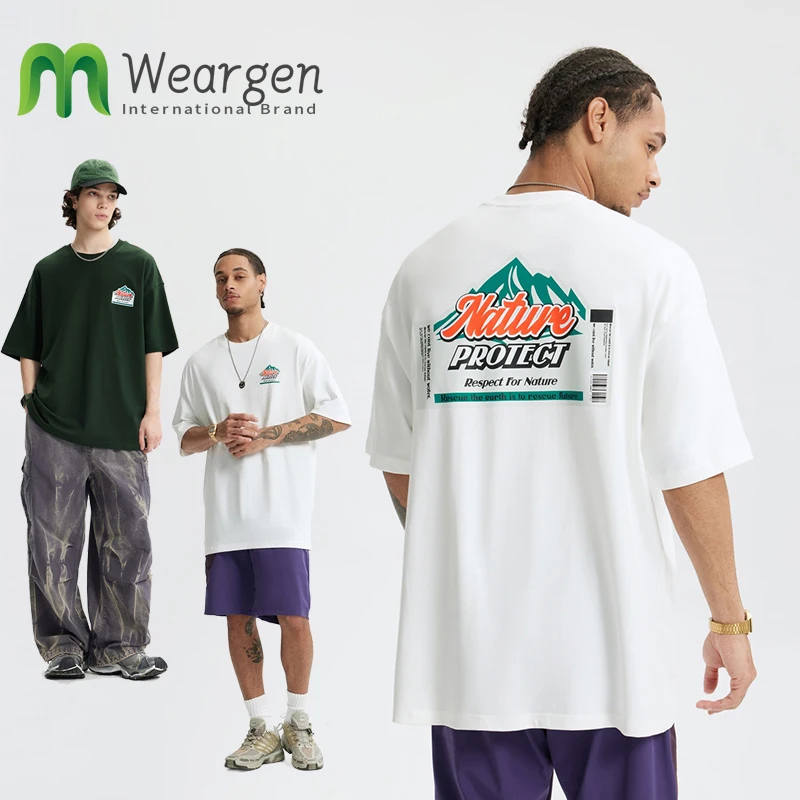 

Мужская футболка из чистого хлопка с горным толстым принтом, новая летняя модная брендовая уличная тяжелая свободная футболка с короткими рукавами 8106S25