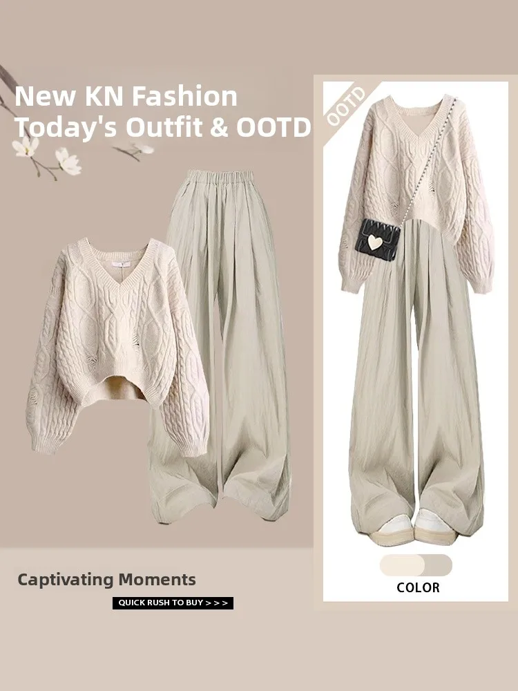 Plus Size V-Ne Design Breaktough Hole Sweater Dames Lente 2025, Nieuwe Faion Casual Broek Tweedelige set Veelzijdig Recht
