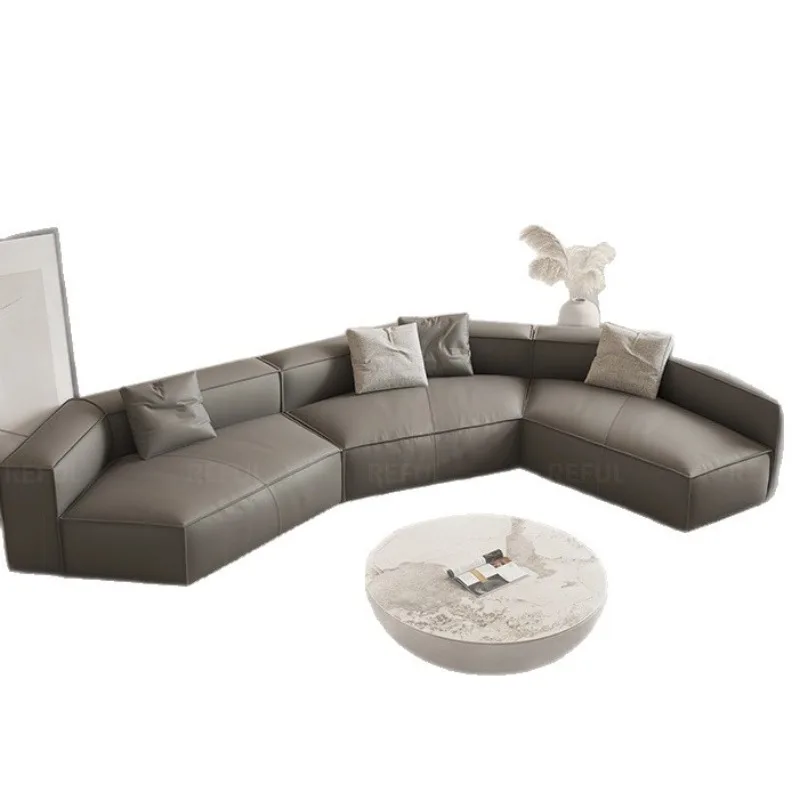 

Nordic Sofa Living Room Modern Top Layer Cowhide Inline Minimalist Light Luxury Italian Villa Leather Sofa