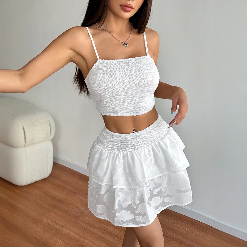 

2026 Summer Fresh Dress Sets Outfits Sweet Wind Two-piece Set Solid Color Sling Vest Jacquard Cake Skirt Set Women