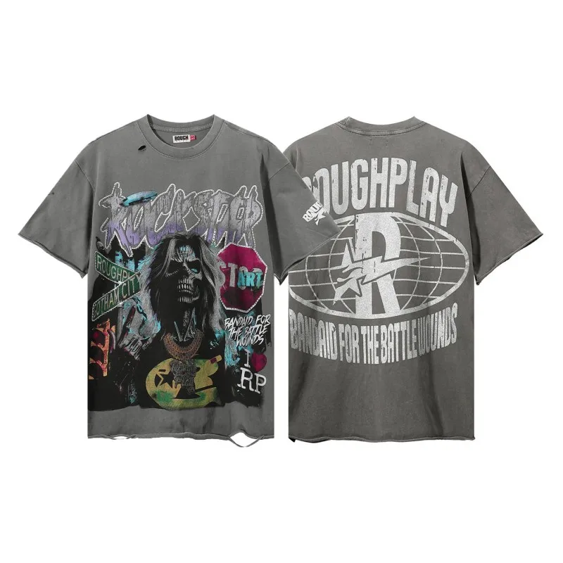 

Retro Print High Street Casual Cotton ort Sve T-irt ex Faded Waed Summer Streetwear round Ne Loose Fit T-irt