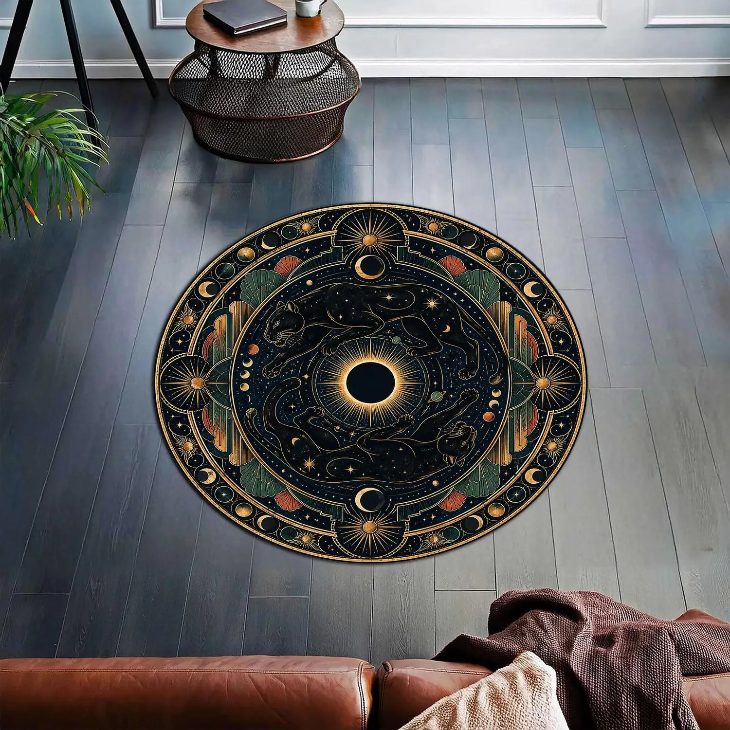 【Room Decor Carpet】Starry Black Panther Round Carpet, Eclipse Themed Carpet, Decorated with Moon Phases, Stars, and Art Deco Borders, Mysterious Big Cat Round Carpet